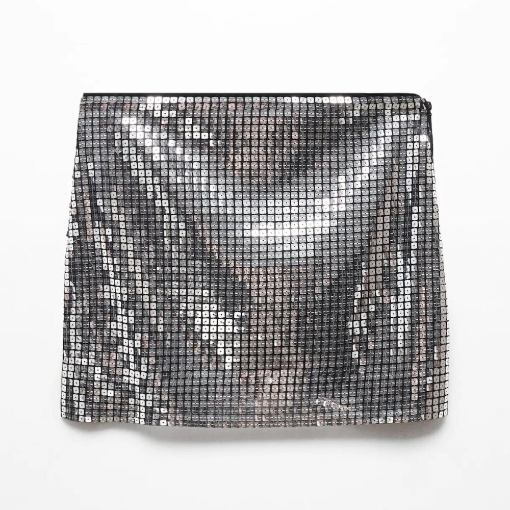 NWT MANGO Sequin Mini Skirt Size Large Black Silver Y2K